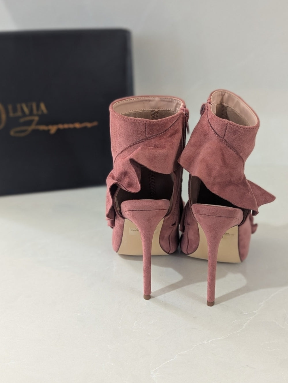 Olivia Jaymes Pink Suede Ruffle Peep Toe Booties Size 8