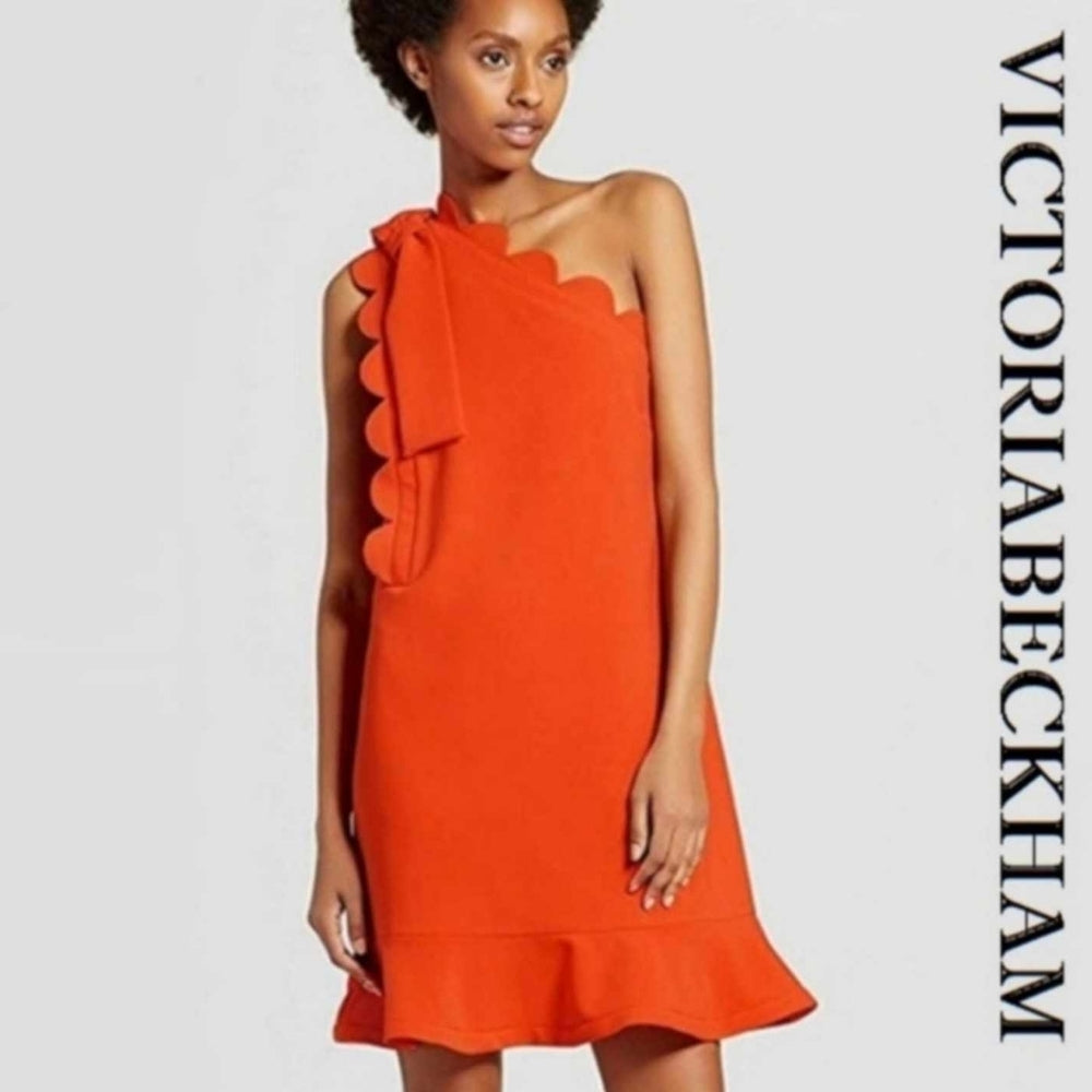 Victoria Beckham Orange One-Shoulder Scalloped Bow Dress