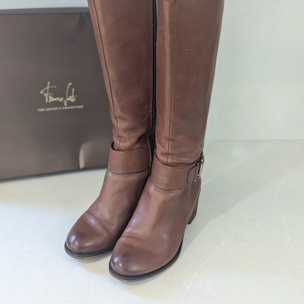 Franco Sarto Brown Leather Riding Boots with Buckle Detail