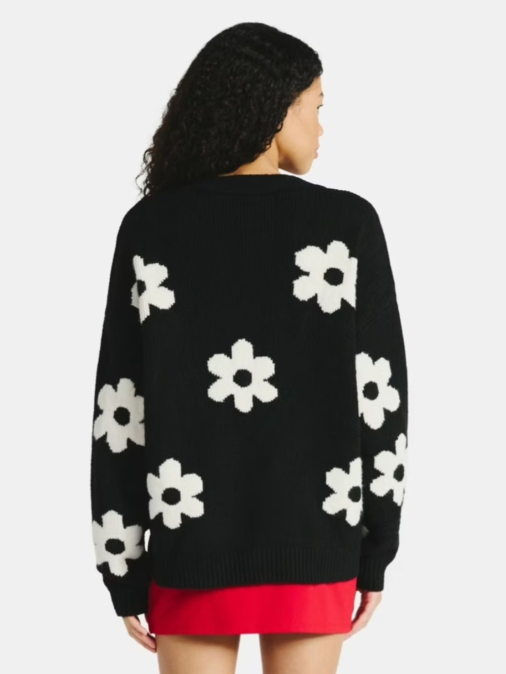 Sundry Black Cardigan with White Floral Pattern