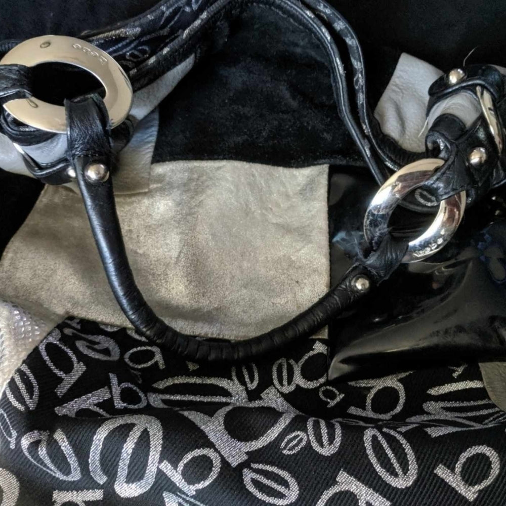 bebe Patchwork Logo Shoulder Bag with Silver Accents - Sac's Main