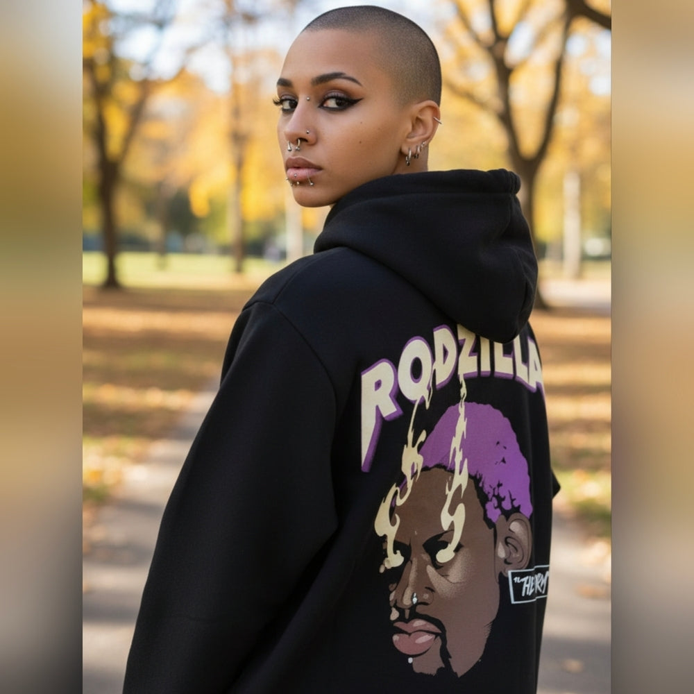 Rodzilla Black Hoodie with Purple Graphic Print
