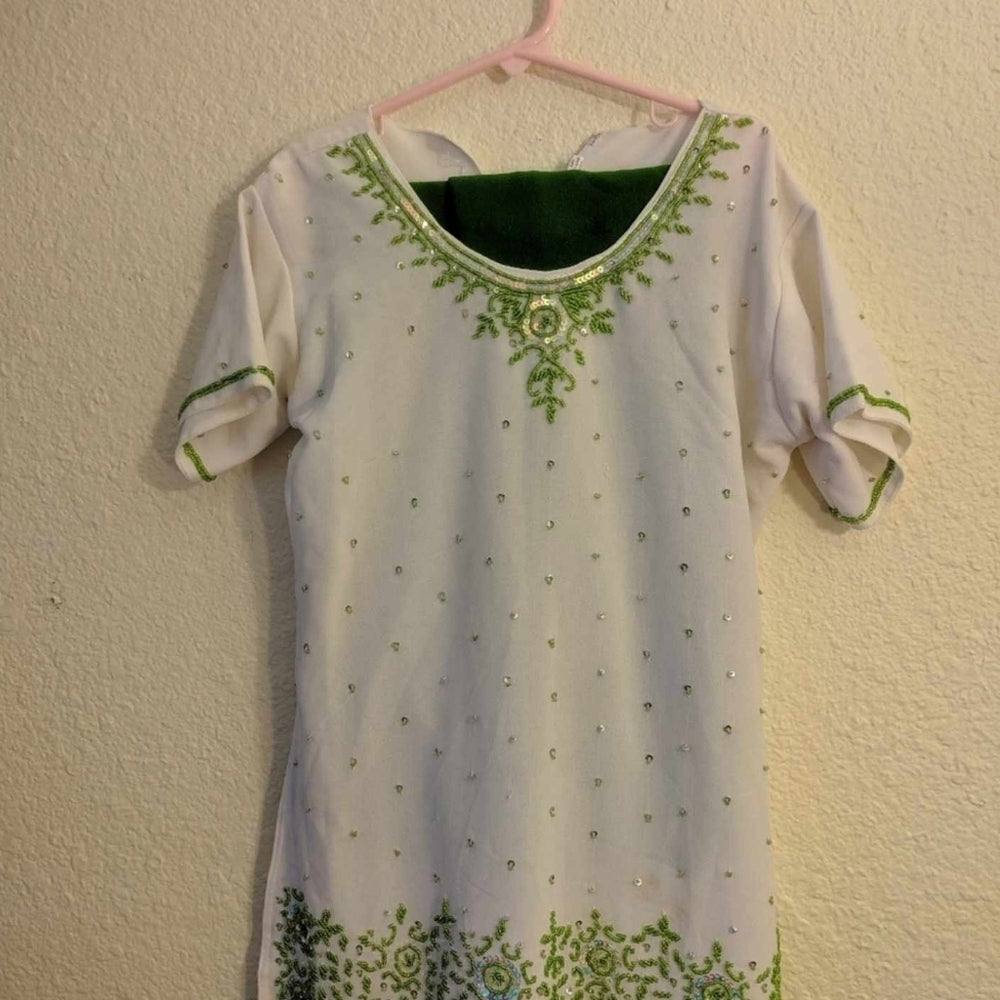 Green and White Embroidered Two-Piece Dress Set with Sequins - Sac's Main