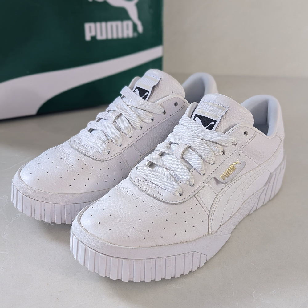 Puma Cali White Leather Sneakers with Gold Accents - Size 10