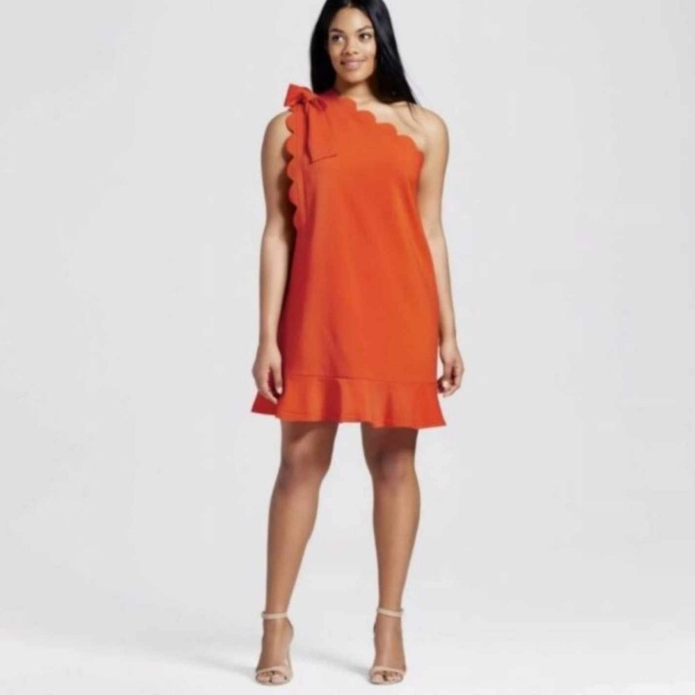 Victoria Beckham Orange One-Shoulder Scalloped Bow Dress