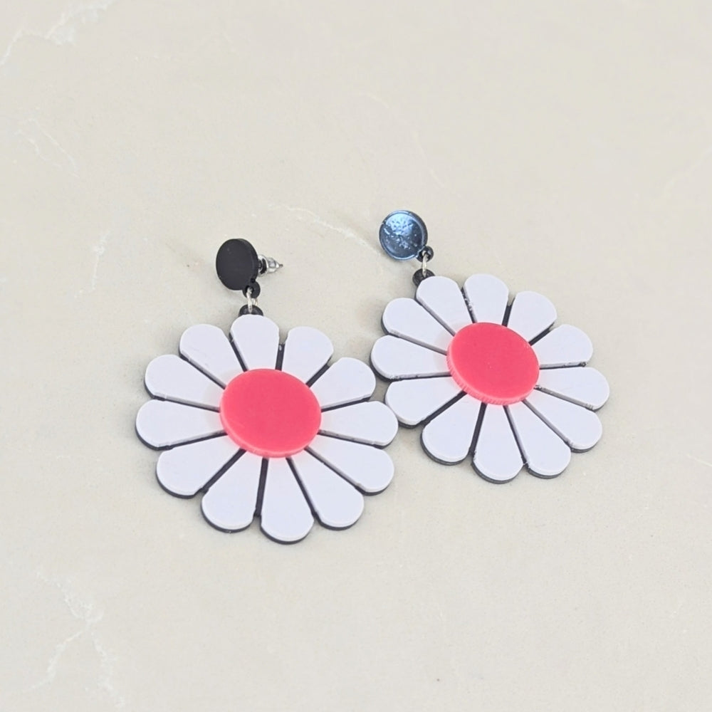ColorNoa Large White and Pink Daisy Dangle Earrings