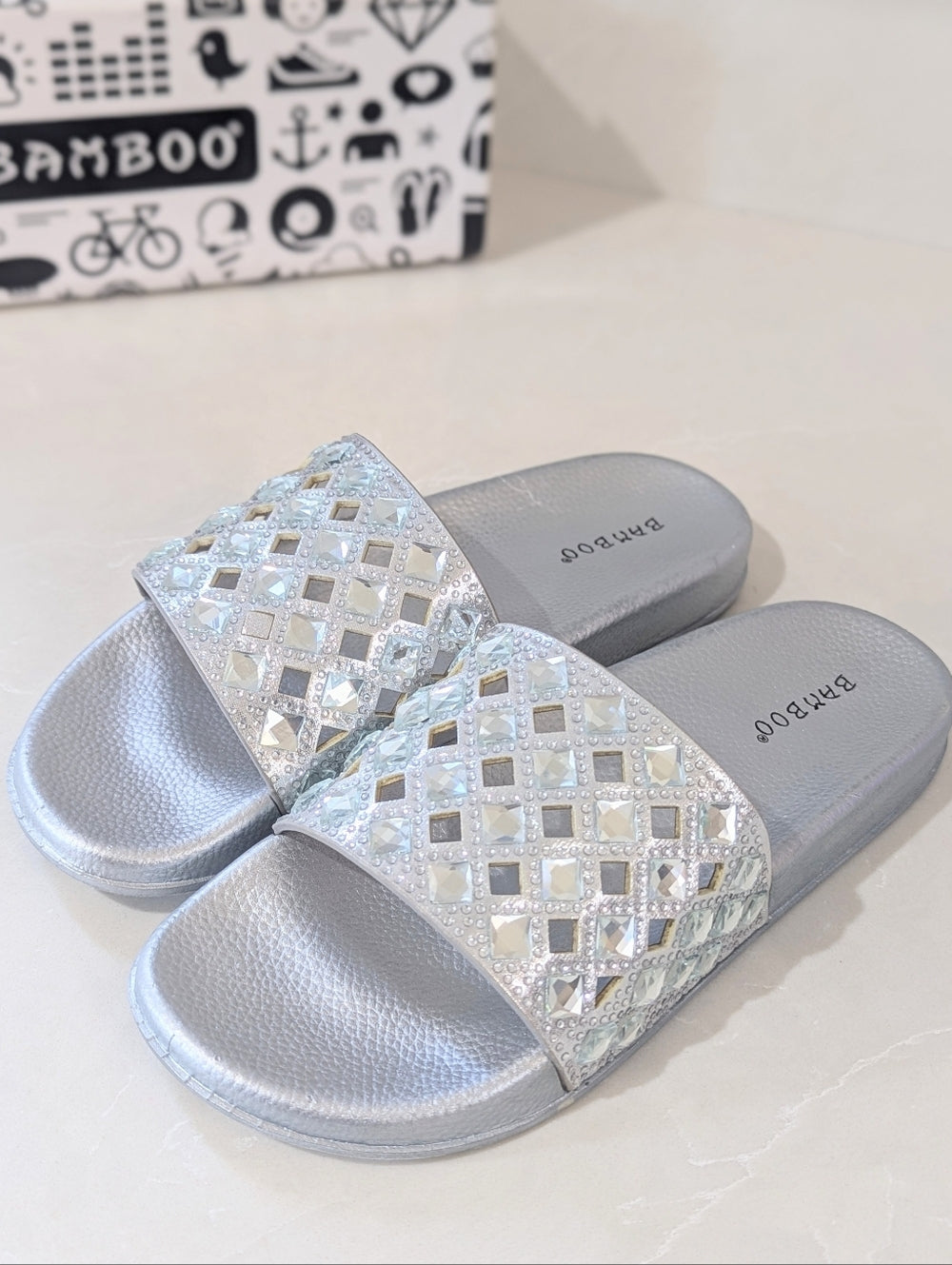 Bamboo Silver Slide Sandals with Rhinestone Embellishments
