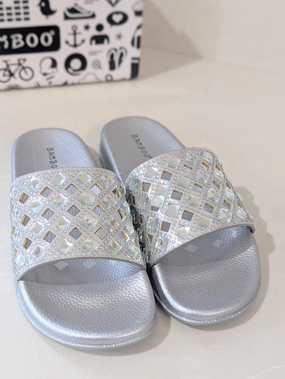 Bamboo Silver Slide Sandals with Rhinestone Embellishments