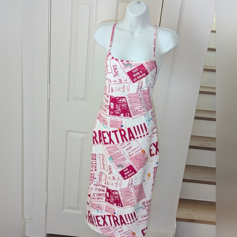 White and Burgundy Newspaper Print Midi Dress with Crisscross Back