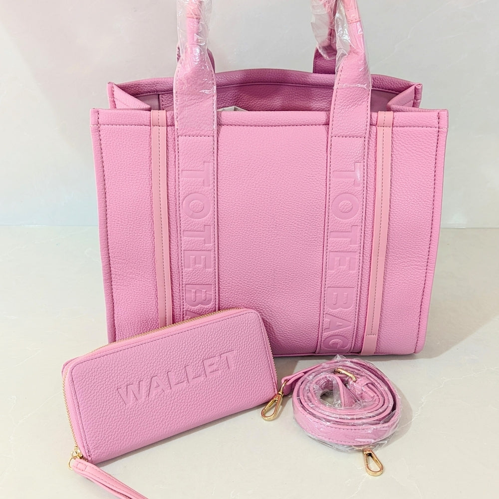 Pink Tote Bag with Matching Wallet and Strap Set