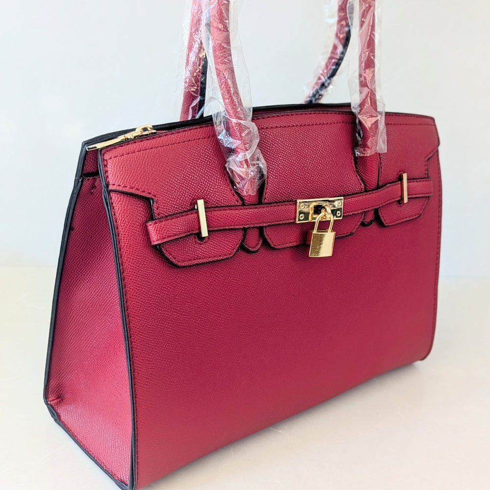 Elegant Burgundy Satchel Handbag with Gold Lock and Matching Wallet
