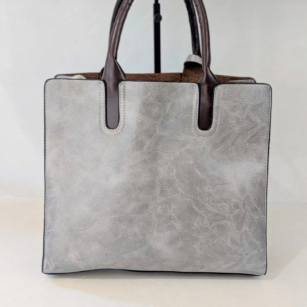 3-Piece Gray Faux Leather Tote and Clutch Bag Set with Gold Accents