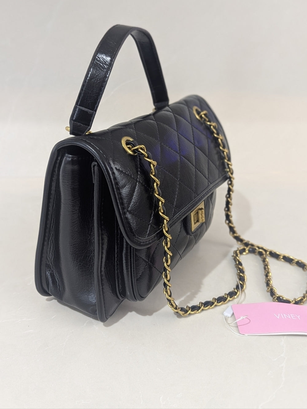 Viney Black Quilted Leather Handbag with Gold Chain Strap