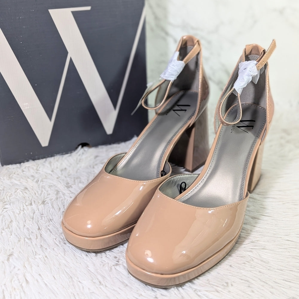 Worthington Women's Nude Patent Leather Block Heel Pumps with Ankle Strap