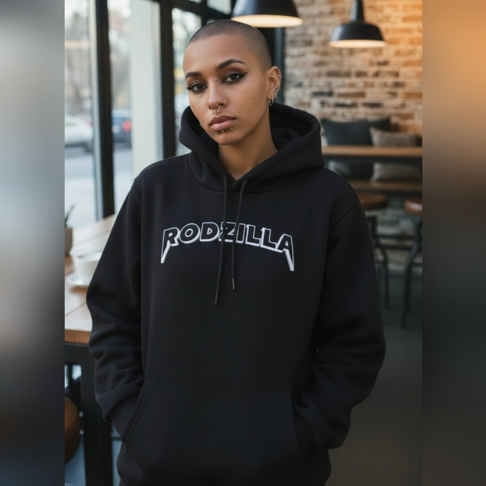 Rodzilla Black Hoodie with Purple Graphic Print
