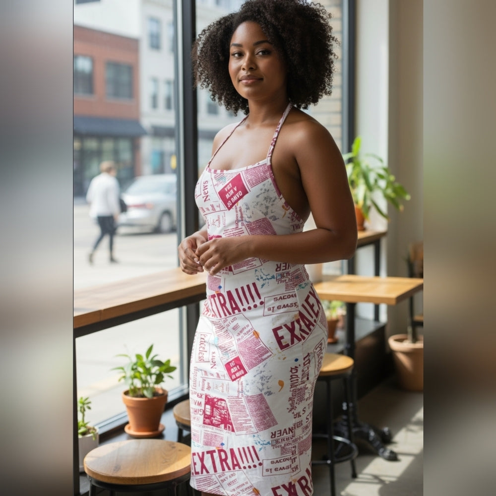 White and Burgundy Newspaper Print Midi Dress with Crisscross Back