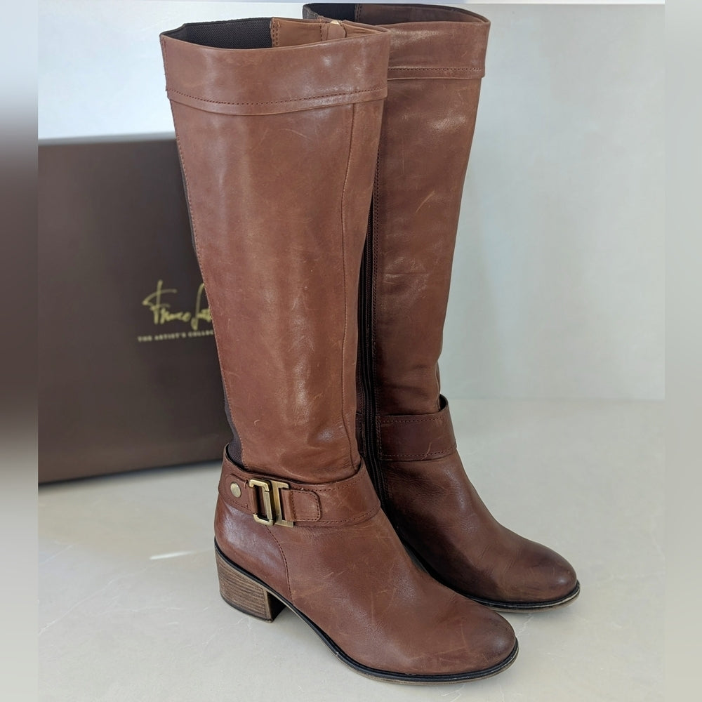 Franco Sarto Brown Leather Knee-High Riding Boots with Block Heel