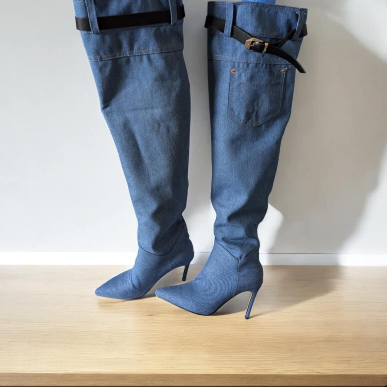 Denim Thigh-High Stiletto Boots with Belt Detail