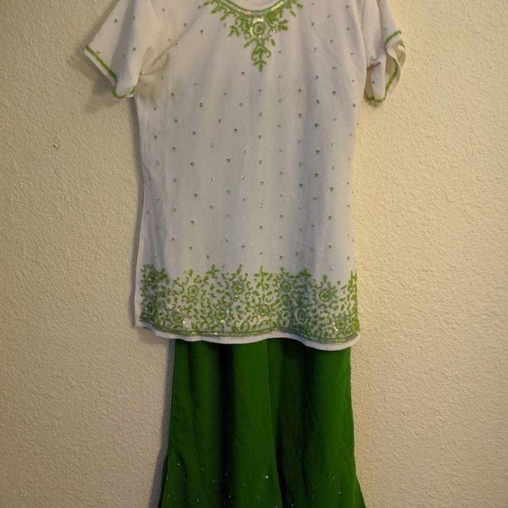 Green and White Embroidered Two-Piece Dress Set with Sequins - Sac's Main