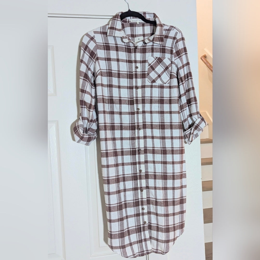 Madison + Hudson Brown and White Plaid Button-Up Shirt Dress Size S