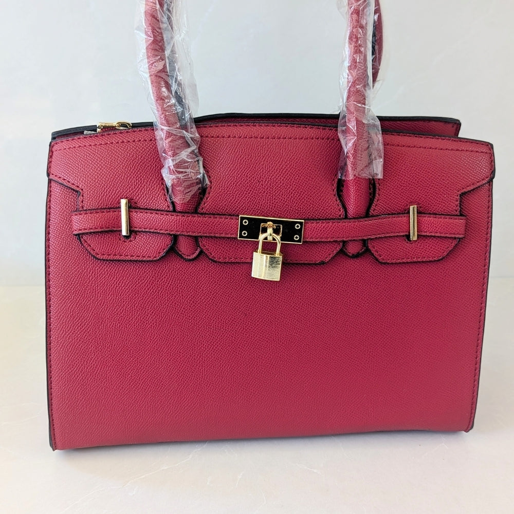 Elegant Burgundy Satchel Handbag with Gold Lock and Matching Wallet
