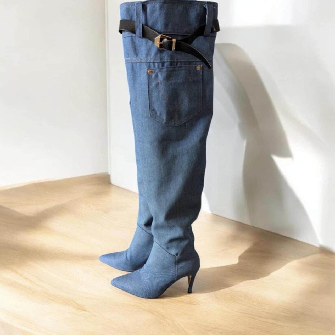Denim Thigh-High Stiletto Boots with Belt Detail