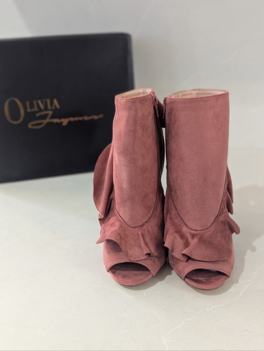 Olivia Jaymes Pink Suede Ruffle Peep Toe Booties Size 8