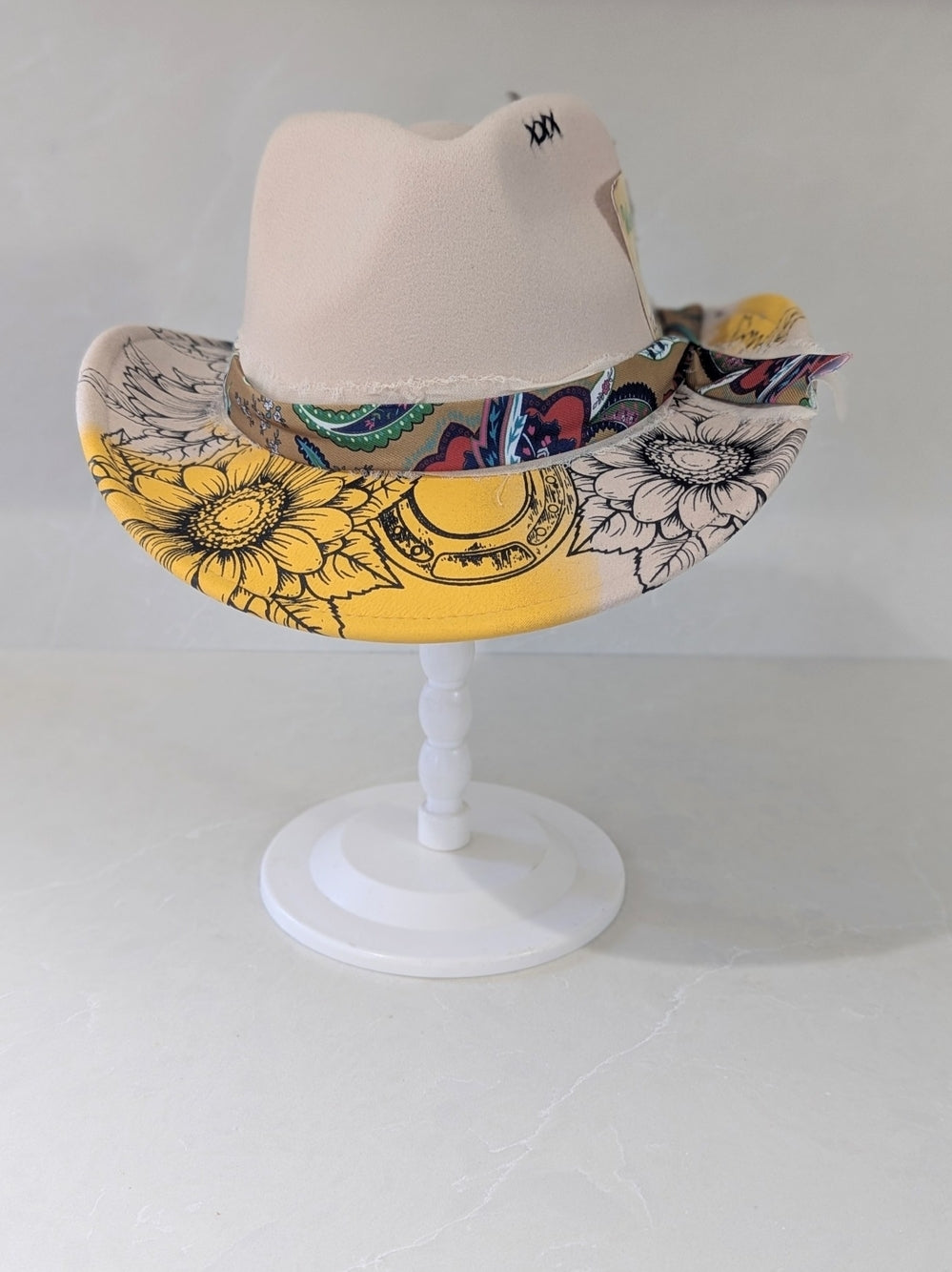 Unique Western Style Beige Fedora Hat with Floral Patterned Brim