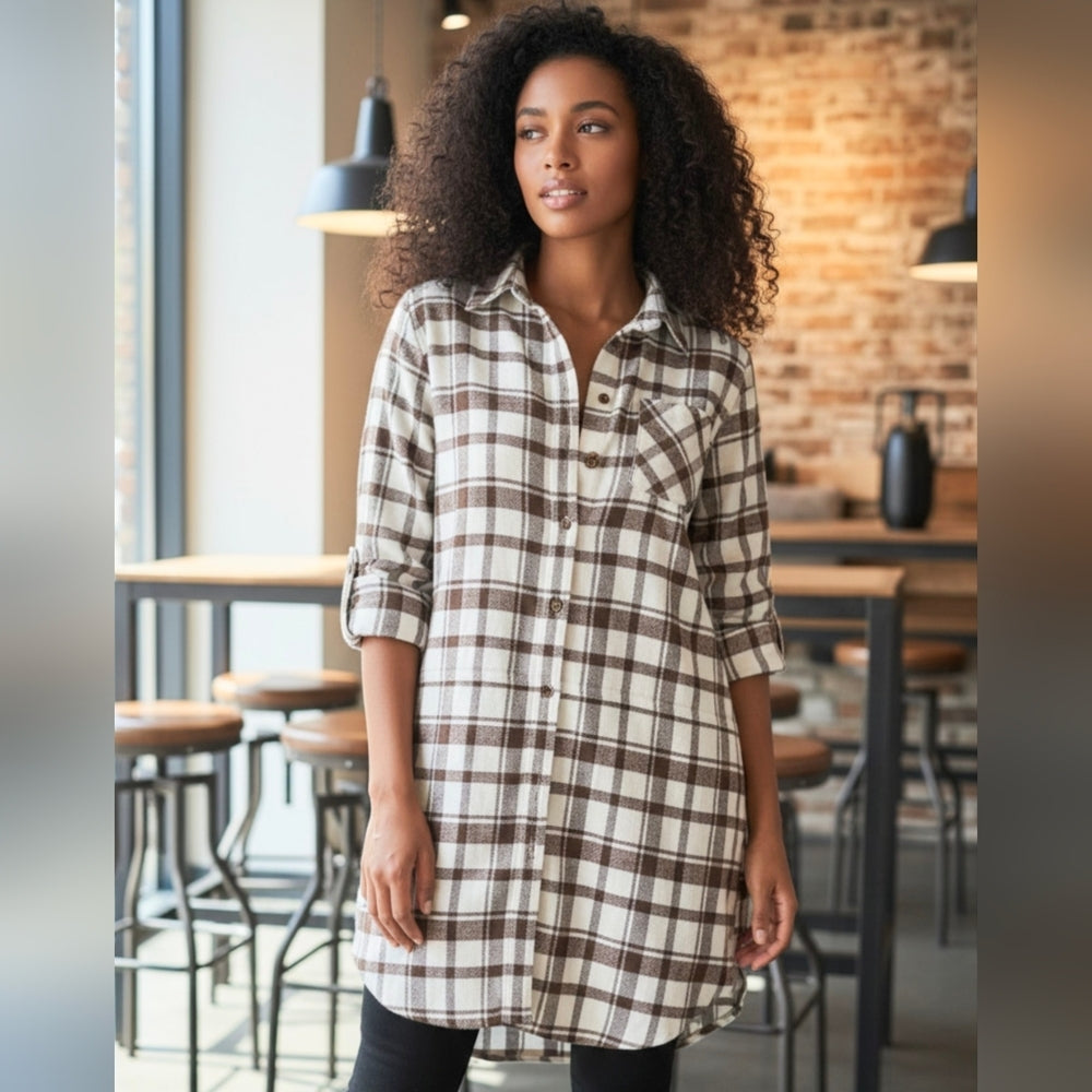 Madison + Hudson Brown and White Plaid Button-Up Shirt Dress Size S