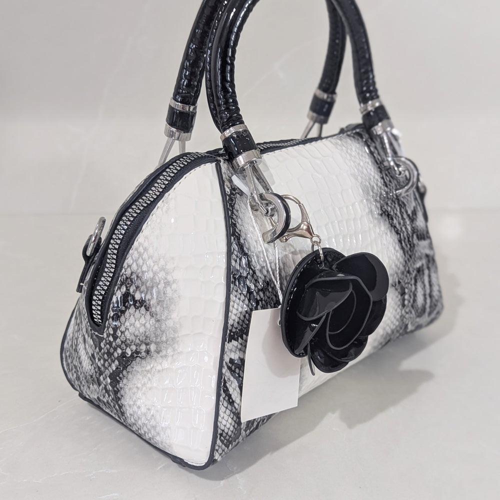Black and White Faux Crocodile Leather Satchel with Floral Charm