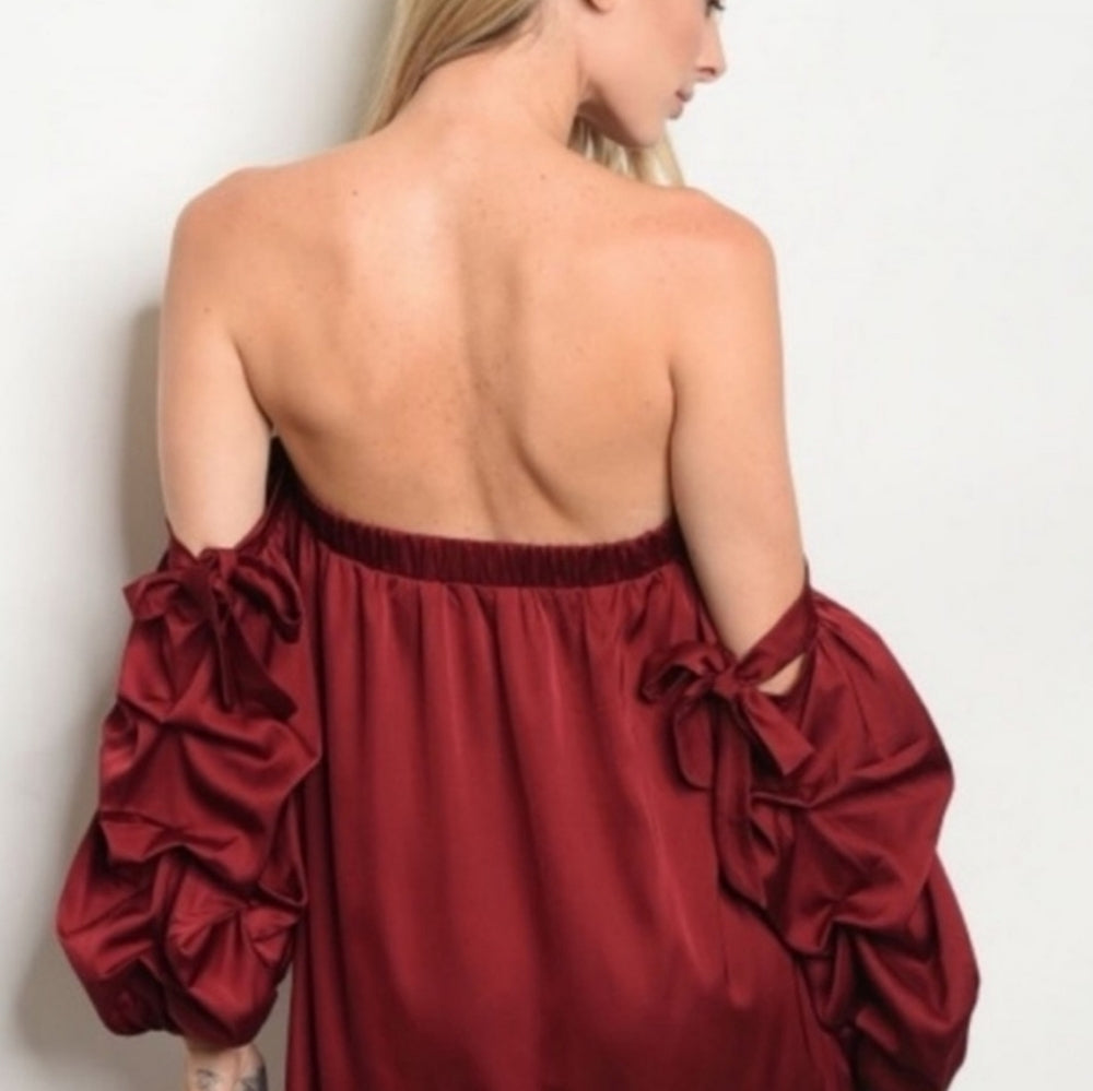 Off-Shoulder Satin Dress with Balloon Sleeves and Bow Details - Sac's Main