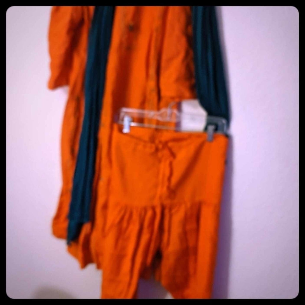 Traditional Orange Embroidered Kurta with Dark Green Scarf and Matching Pants