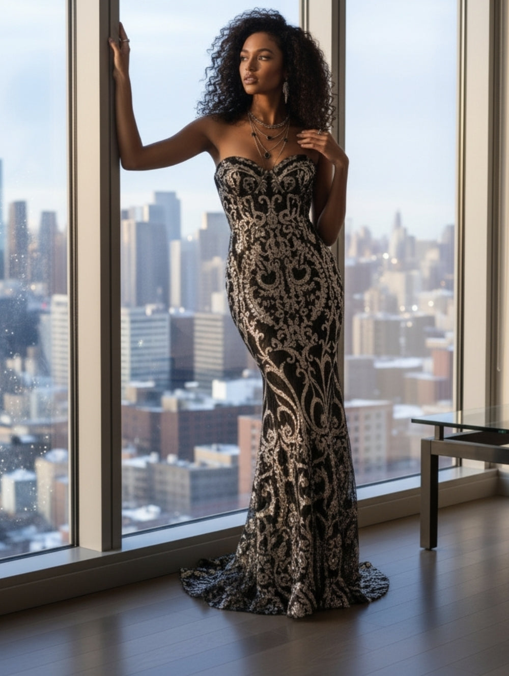 Elegant Black and Gold Strapless Mermaid Gown