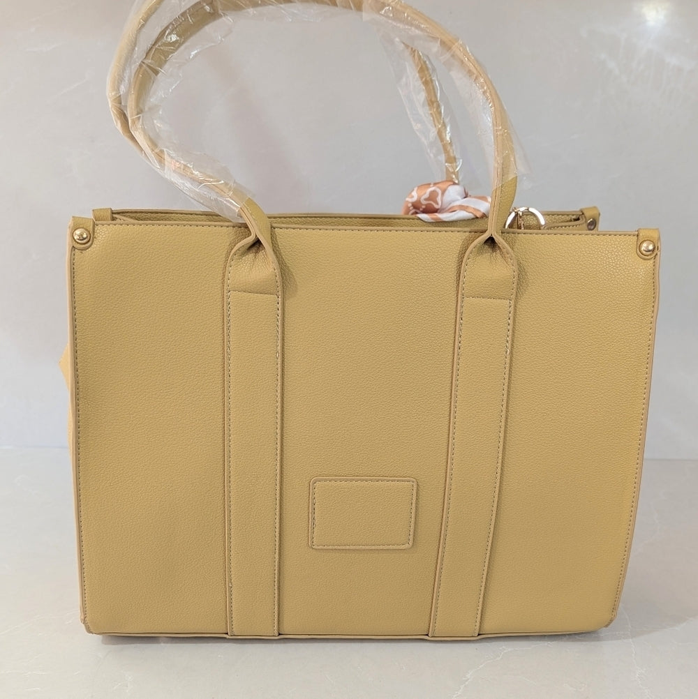 Beige Faux Leather Tote Bag with Decorative Scarf and Charm