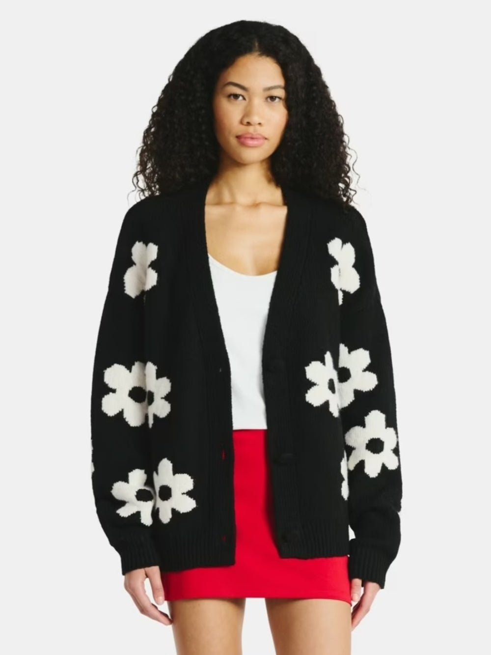 Sundry Black Cardigan with White Floral Pattern