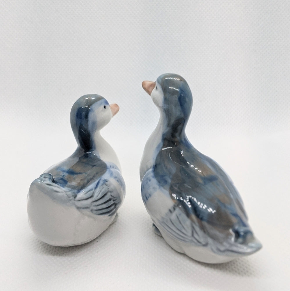 Pair of Vintage Porcelain Duck Figurines Blue and White