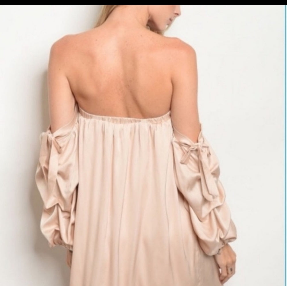 Off-Shoulder Satin Dress with Balloon Sleeves in Burgundy, Black, and Beige - Sac's Main