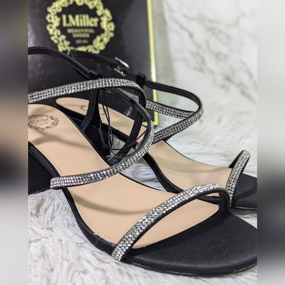 L. Miller Black Strappy Block Heel Sandals with Rhinestone Detail