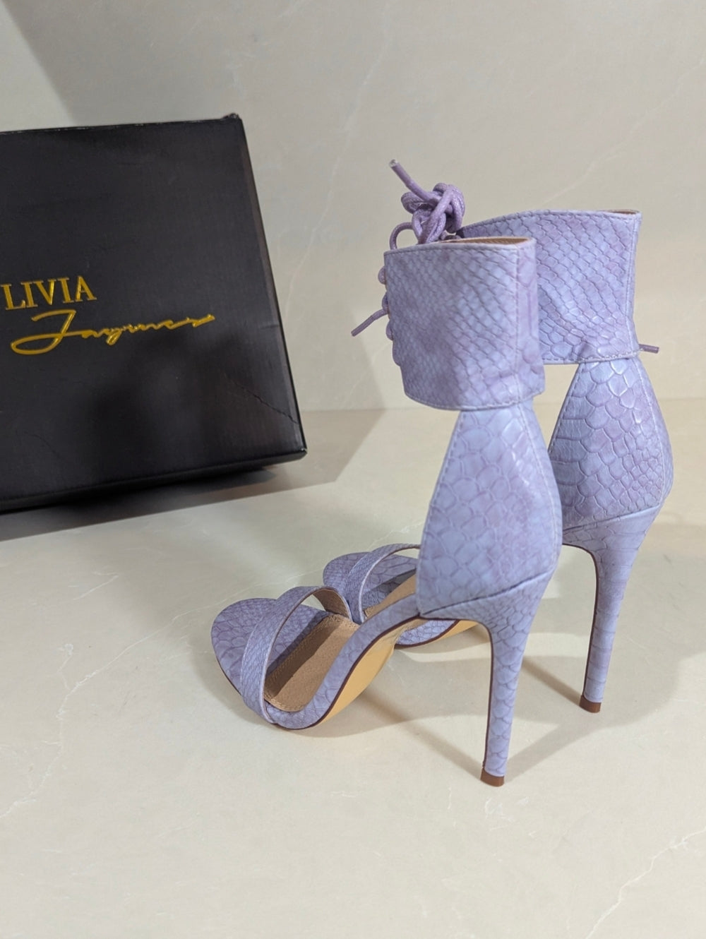 Olivia Jaymes Lilac Snake Print Lace-Up Ankle Strap Heels Size 8