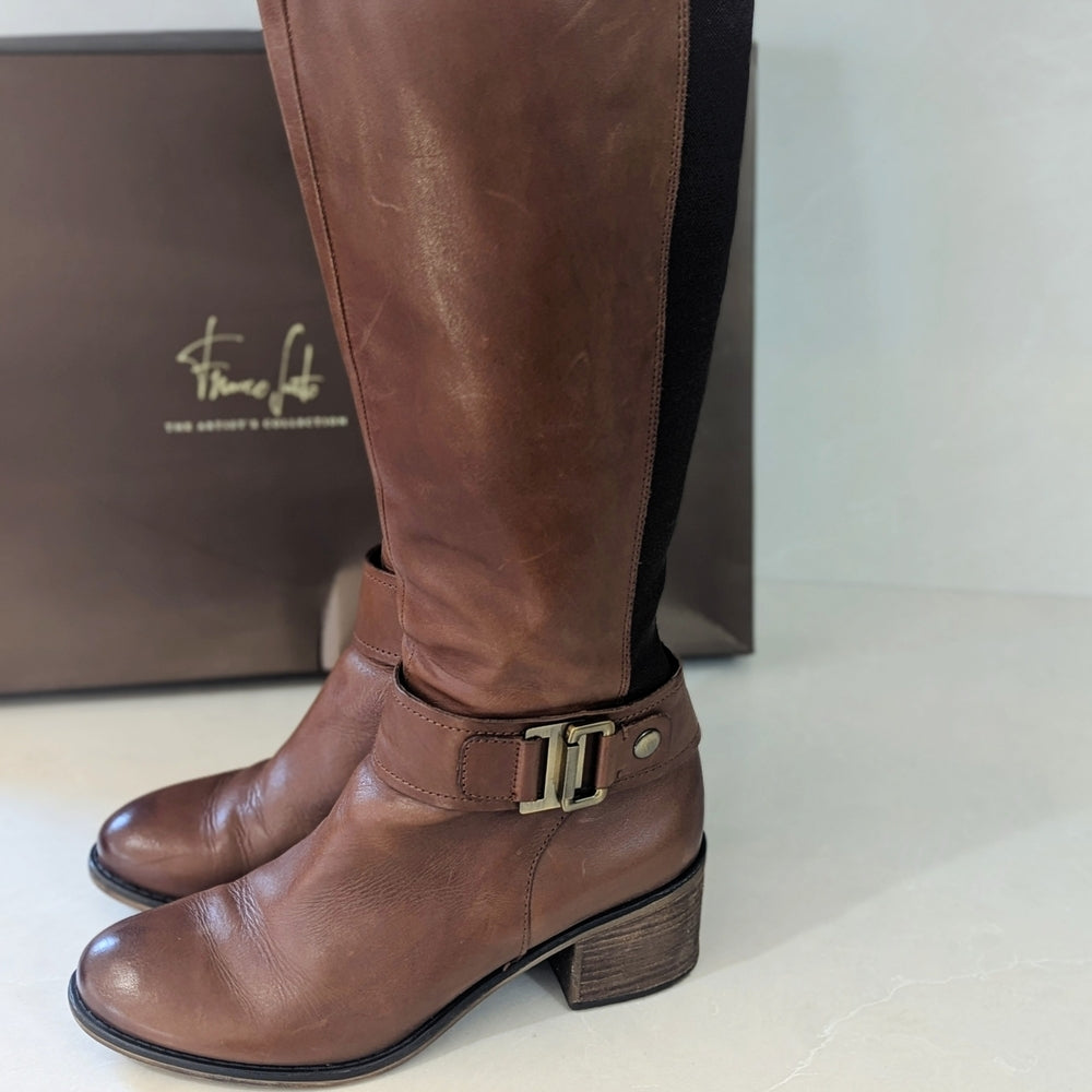Franco Sarto Brown Leather Riding Boots with Buckle Detail