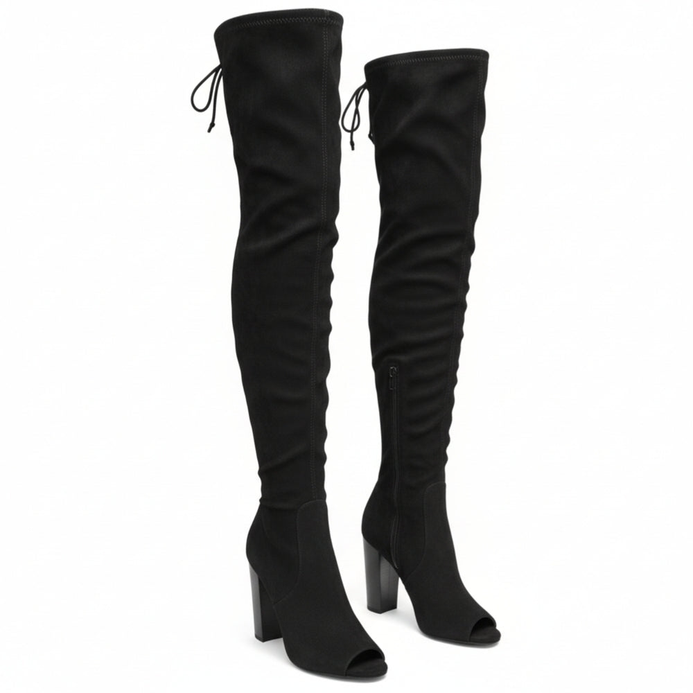 Olivia Jaymes Black Over-the-Knee Peep Toe Heeled Boots Size 8