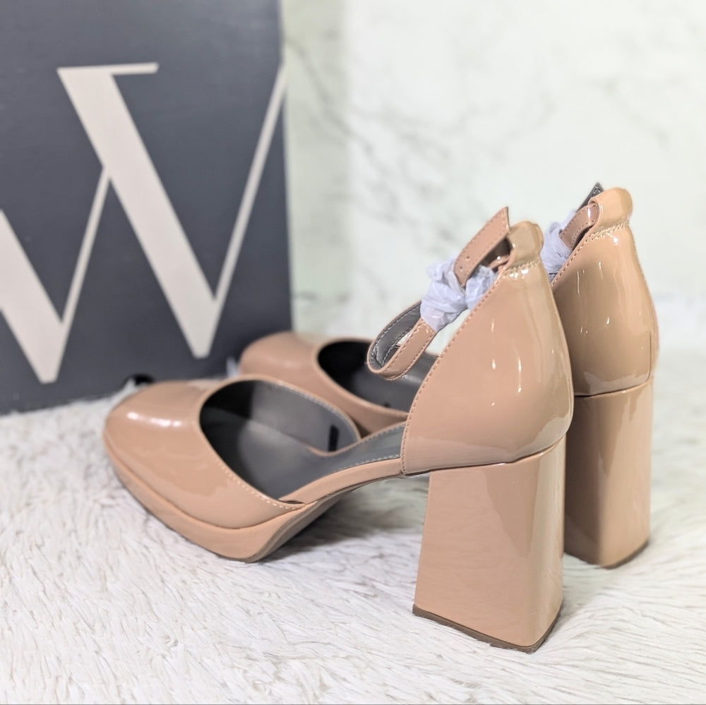 Worthington Women's Nude Patent Leather Block Heel Pumps with Ankle Strap
