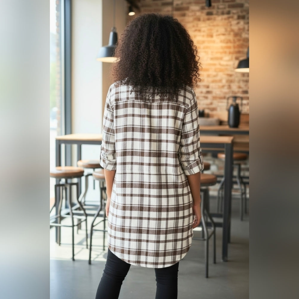 Madison + Hudson Brown and White Plaid Button-Up Shirt Dress Size S
