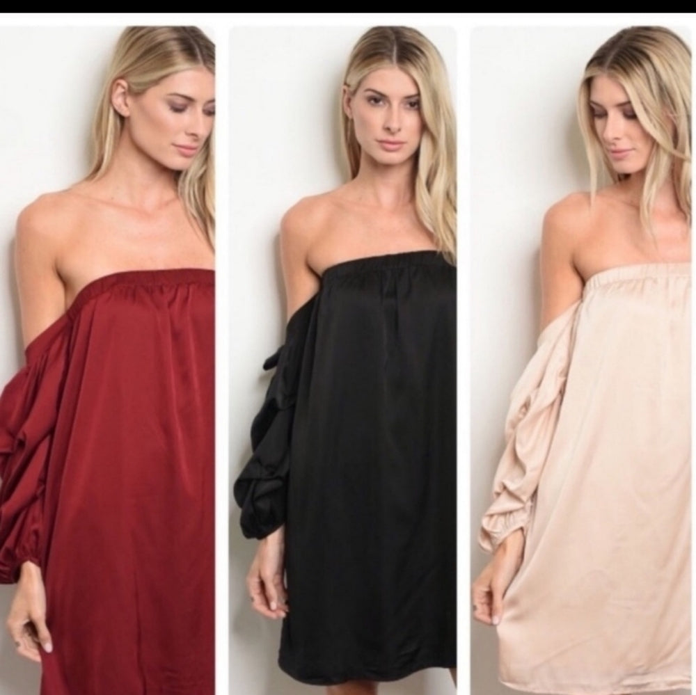 Off-Shoulder Satin Dress with Balloon Sleeves in Burgundy, Black, and Beige - Sac's Main