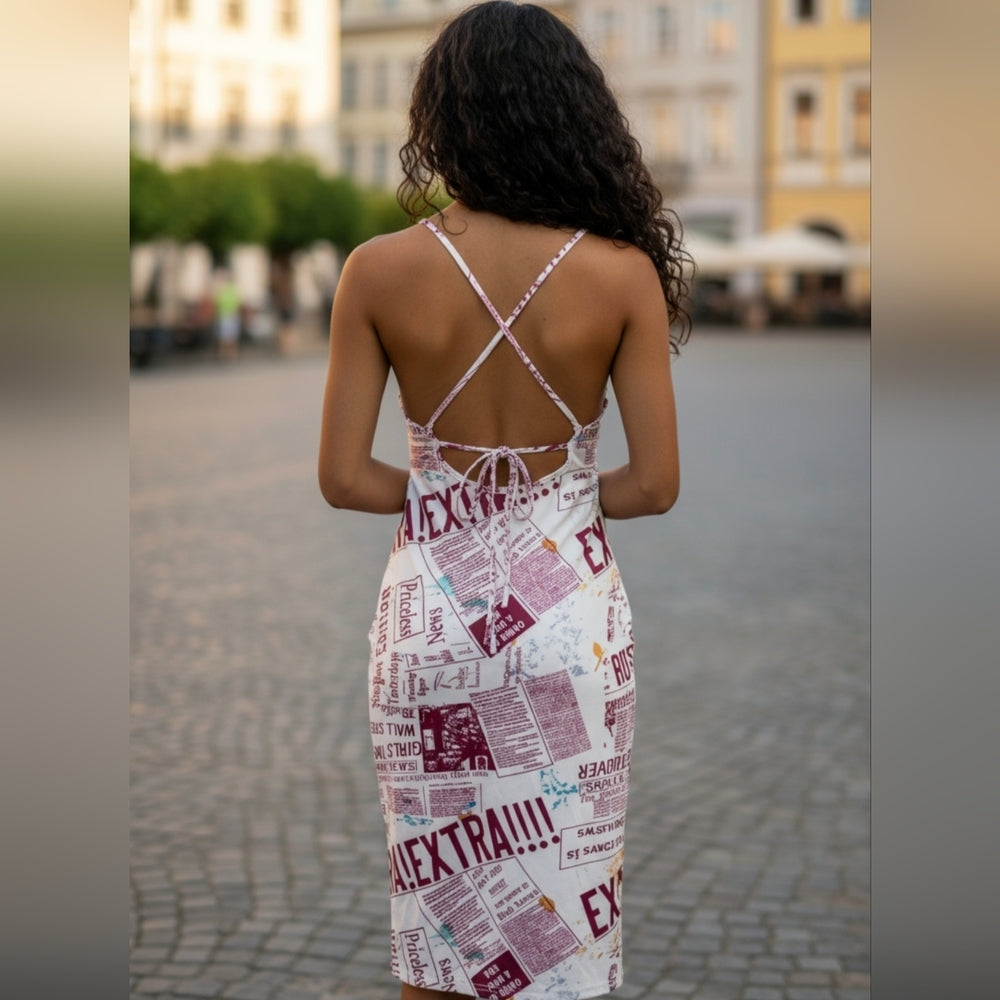 White and Burgundy Newspaper Print Midi Dress with Crisscross Back