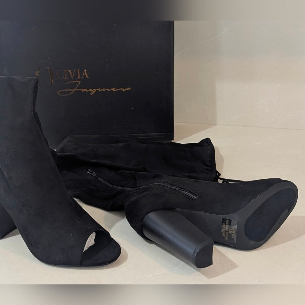 Olivia Jaymes Black Over-the-Knee Peep Toe Heeled Boots Size 8