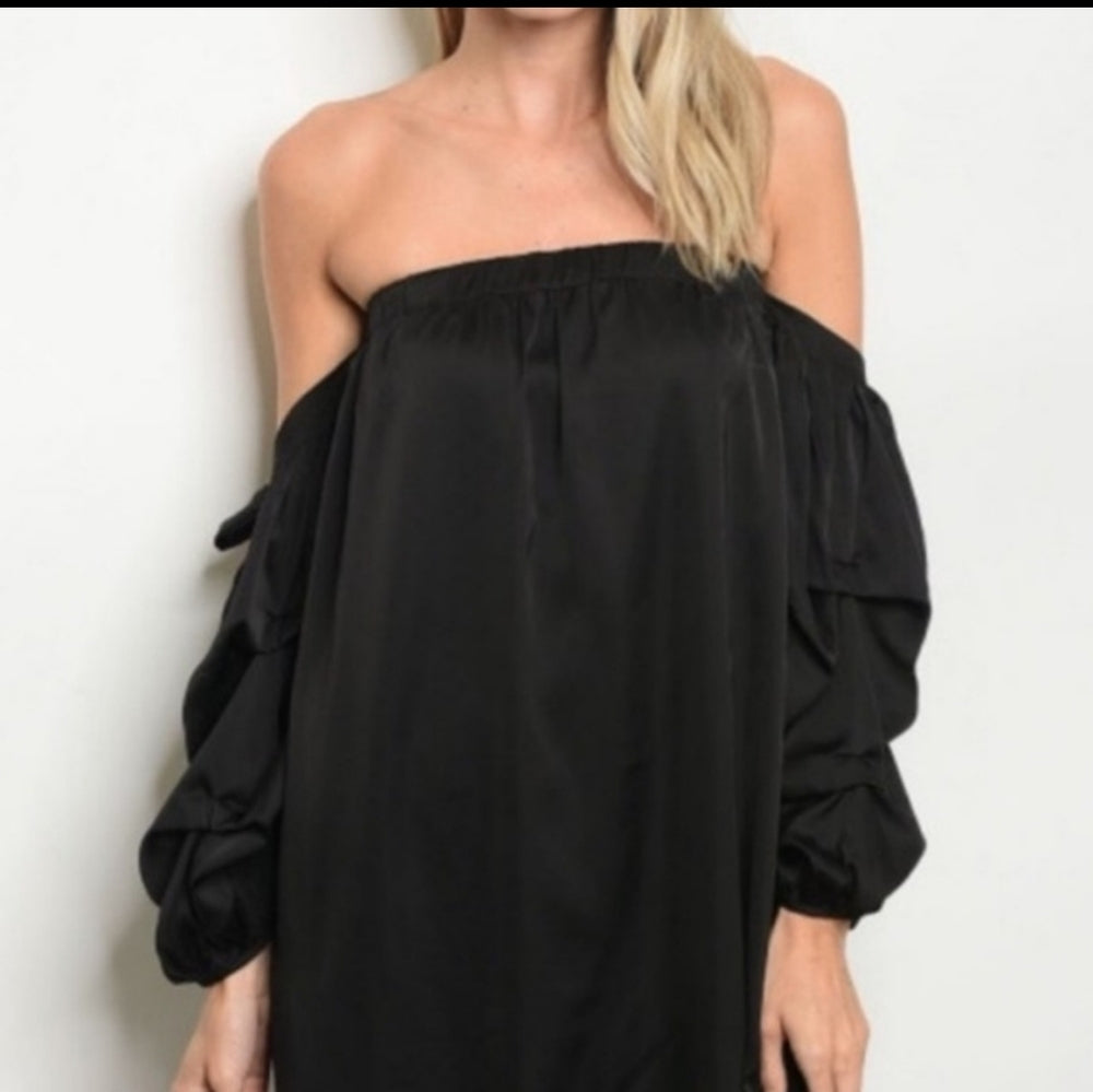 Off-Shoulder Satin Mini Dress with Ruched Sleeves and Bow Detail - Sac's Main