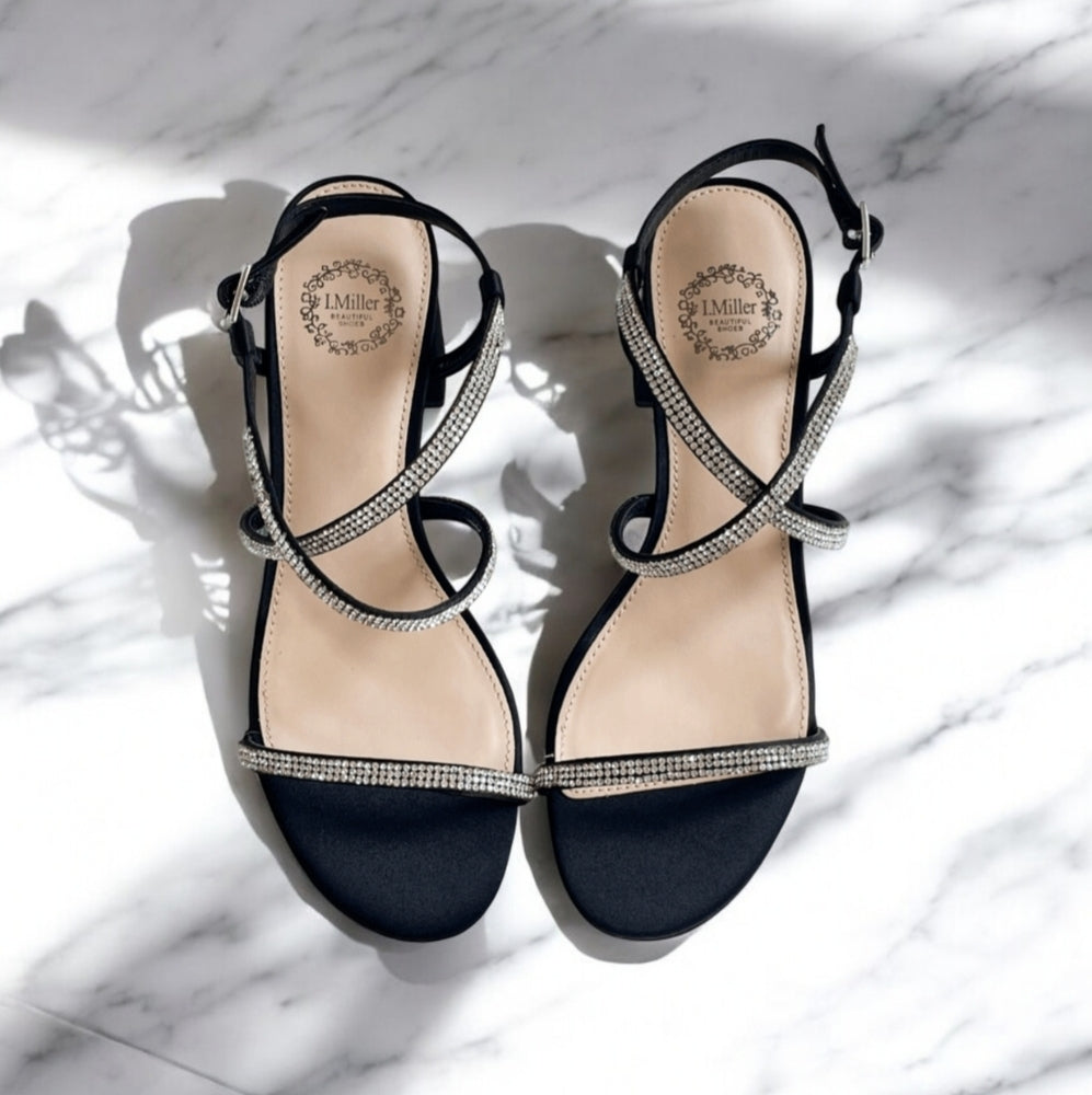 L. Miller Black Strappy Block Heel Sandals with Rhinestone Detail