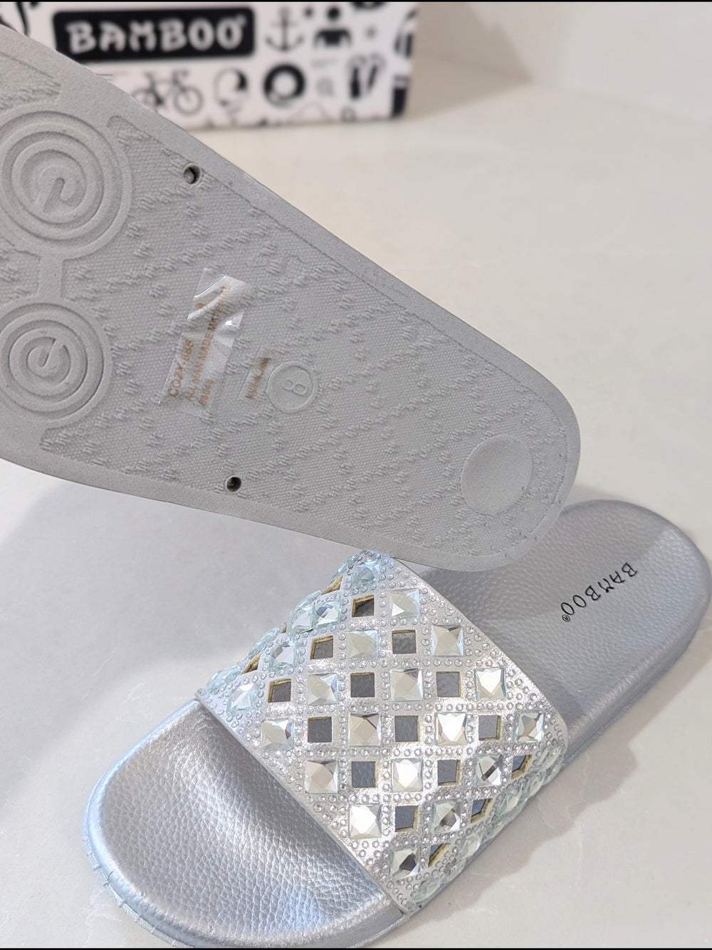 Bamboo Silver Slide Sandals with Rhinestone Embellishments