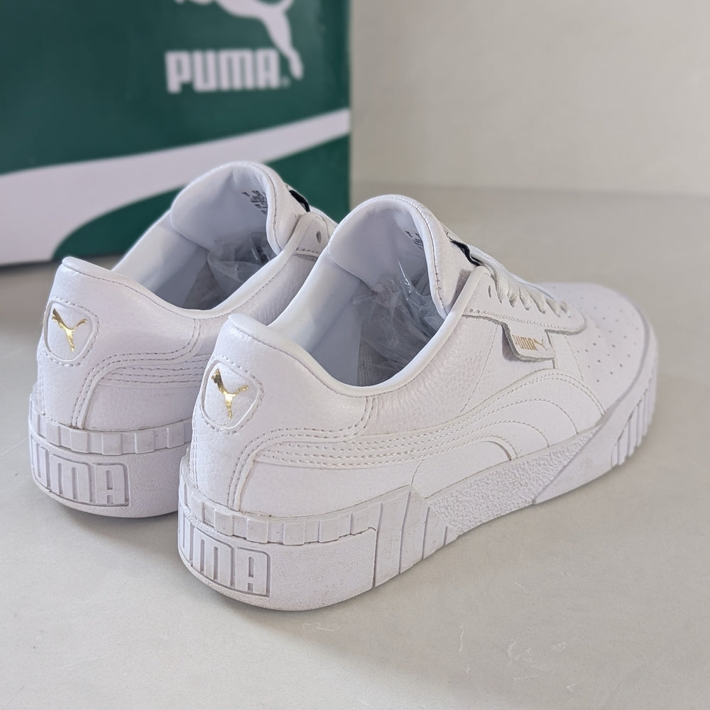 Puma Cali White Leather Sneakers with Gold Accents - Size 10